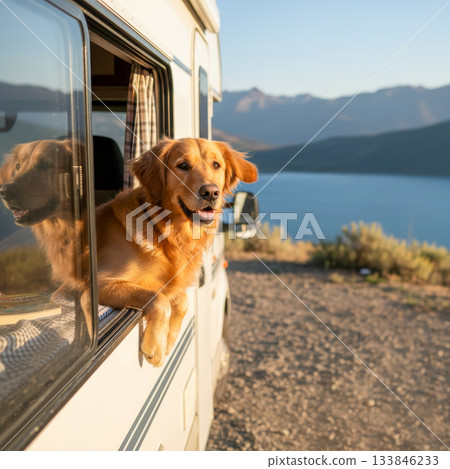 Dog Looking Out from Camper Window Dog Looking Out from Camper Window 133846233