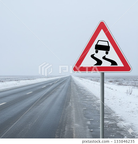 Icy Road with Warning Sign 133846235