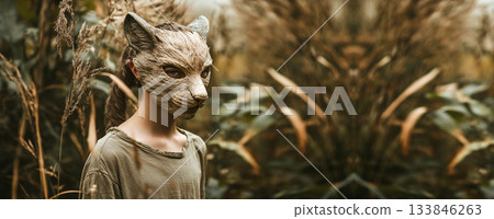A young boy wearing a mystical wolf mask stands within a dense forest. fantasy forest boy wolf mask banner copy space fairytale A young boy wearing a mystical wolf mask stands within a dense forest. fantasy forest boy wolf mask banner copy space fairytale 133846263
