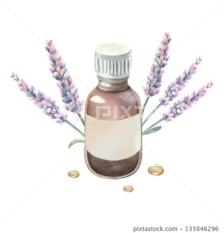 Lavender flowers, branches with leaves, glass bottle of essential oil with blank label, drops. Hand-painted botanical watercolor illustration isolated on white. Medicinal herbs for aromatherapy label Lavender flowers, branches with leaves, glass bottle of essential oil with blank label, drops. Hand-painted botanical watercolor illustration isolated on white. Medicinal herbs for aromatherapy label 133846296