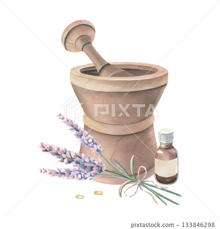 Lavender bouquet, wooden mortar and pestle, glass bottle of essential oil, empty label, oil drops, watercolor isolated on white. Botanical illustration of medicinal herbs hand drawn for aromatherapy Lavender bouquet, wooden mortar and pestle, glass bottle of essential oil, empty label, oil drops, watercolor isolated on white. Botanical illustration of medicinal herbs hand drawn for aromatherapy 133846298