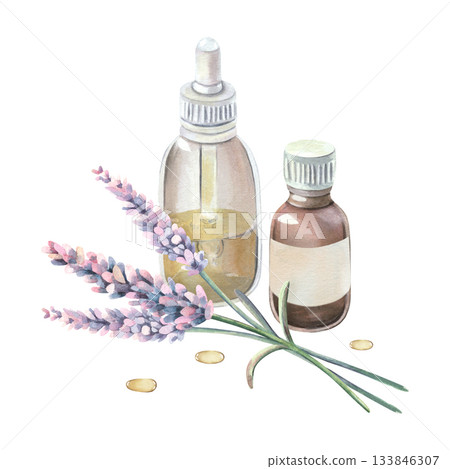 Lavender flowers, branches with leaves, glass bottles of essential oil with blank label, drops. Hand-painted botanical watercolor illustration isolated on white. Medicinal herbs for aromatherapy label Lavender flowers, branches with leaves, glass bottles of essential oil with blank label, drops. Hand-painted botanical watercolor illustration isolated on white. Medicinal herbs for aromatherapy label 133846307