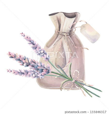 Linen bag with lavender bouquet, tied with a delicate string, empty label, watercolor isolated on white. Botanical illustration of medicinal herbs hand drawn for natural cosmetics, aromatherapy 133846317