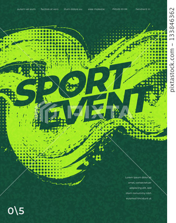 Abstract Sport Cover or Poster Design with Lime Green Brush Strokes and Halftone Effect. Grunge Sport Banner or Poster Design Template 133846362