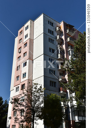 Perspective view of flat of blocks from Communist period, worn out concrete buildings in Eastern Europe Perspective view of flat of blocks from Communist period, worn out concrete buildings in Eastern Europe 133846509