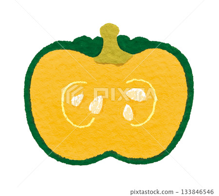 Hand-drawn illustration of a pumpkin cross section (yellow and green colorful vegetable) 133846546
