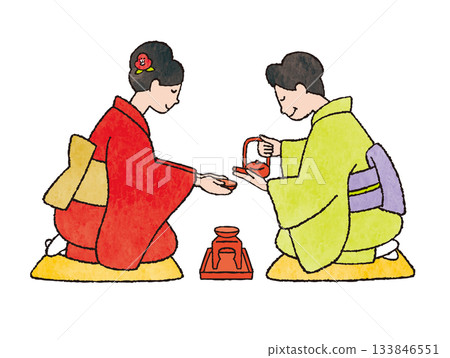 一幅描繪傳統新年活動的插圖，圖中一位身穿和服的女子正在斟酒（清酒）。 133846551