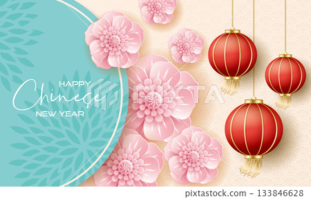 中國風農曆新年或元宵節燈籠與3D立體花朵橫幅海報廣告宣傳單圓框向量素材圖片 133846628