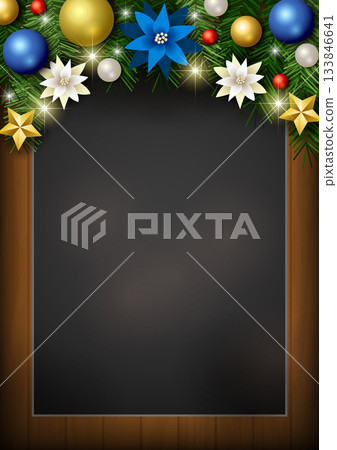 聖誕背景、黑板、球形裝飾、閃光、可愛、插圖、藍色、直版 133846641