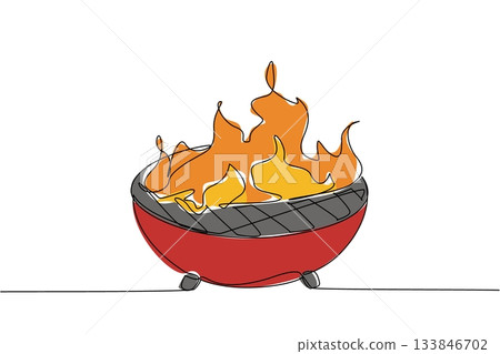 Single continuous line drawing barbecue grill with glowing flames. The container is ready to be heated. Time for a bbq party. Meat lovers. National Barbecue Day. One line design vector illustration Single continuous line drawing barbecue grill with glowing flames. The container is ready to be heated. Time for a bbq party. Meat lovers. National Barbecue Day. One line design vector illustration 133846702
