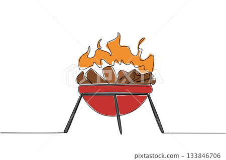 Continuous one line drawing barbecue grill with wood chunks and glowing flames. Heat wood before grilling. A cheerful summer weekend. National Barbecue Day. Single line draw design vector illustration 133846706