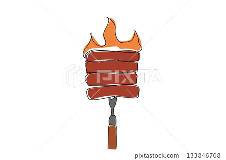 Continuous one line drawing several pieces of meat skewered with grilling forks and glowing flames. Meat cooked perfectly. Sirloin. National Barbecue Day. Single line draw design vector illustration Continuous one line drawing several pieces of meat skewered with grilling forks and glowing flames. Meat cooked perfectly. Sirloin. National Barbecue Day. Single line draw design vector illustration 133846708