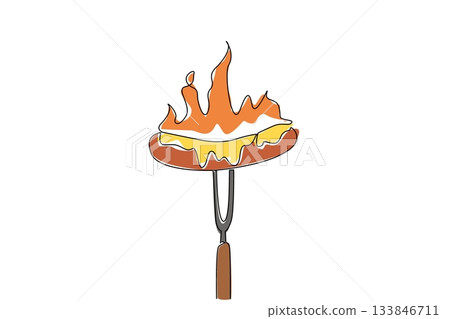 Single continuous line drawing sausage covered in cheese skewered with grilling forks and glowing flames. A dish for grilled sausage lovers. National Barbecue Day. One line design vector illustration Single continuous line drawing sausage covered in cheese skewered with grilling forks and glowing flames. A dish for grilled sausage lovers. National Barbecue Day. One line design vector illustration 133846711