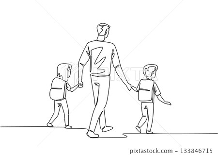 Continuous one line drawing rear view, a father holds son and daughter on his right and left. Walk leisurely to the school gate. Walk Safely To School Day. Single line draw design vector illustration 133846715