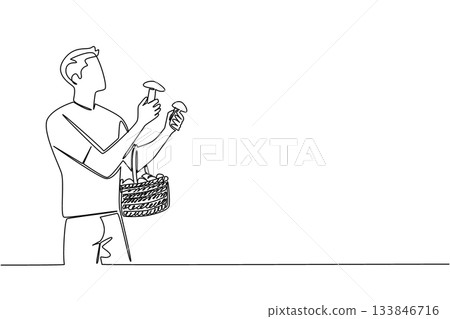 Single continuous line drawing a man holds mushrooms and rattan basket filled with mushrooms slung over hand. Harvest abundantly. National Mushroom Hunting Day. One line design vector illustration Single continuous line drawing a man holds mushrooms and rattan basket filled with mushrooms slung over hand. Harvest abundantly. National Mushroom Hunting Day. One line design vector illustration 133846716