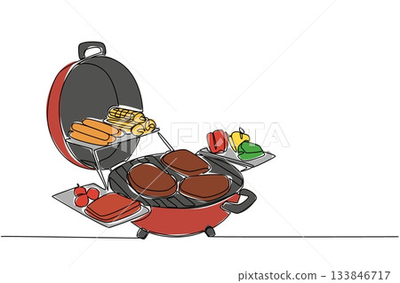 Single one line drawing barbecue grill and cover with some pieces of meat, sausage, tomatoes, peppers. Big barbecue party. Cookout. National Barbecue Day. Continuous line design graphic illustration 133846717