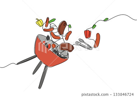 Continuous one line drawing barbecue grill with slices of meat sausages, peppers, tongs, flying around. Appetite boosting invitation. National Barbecue Day. Single line draw design vector illustration 133846724