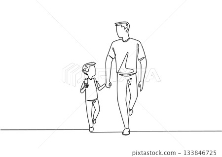 Single continuous line drawing little boy carrying backpack walking hand in hand with his father. Fun with Dad. Experiences. Responsible. Walk Safely To School Day. One line design vector illustration 133846725