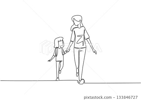 Single one line drawing girl carrying backpack walking hand in hand with mother. Walking leisurely. Telling stories and singing. Walk Safely To School Day. Continuous line design graphic illustration Single one line drawing girl carrying backpack walking hand in hand with mother. Walking leisurely. Telling stories and singing. Walk Safely To School Day. Continuous line design graphic illustration 133846727