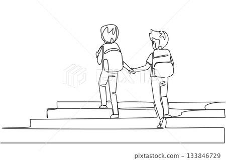 Continuous one line drawing 2 boys carrying backpacks holding hands walking up the stairs. Take care of each other until school. Walk Safely To School Day. Single line draw design vector illustration Continuous one line drawing 2 boys carrying backpacks holding hands walking up the stairs. Take care of each other until school. Walk Safely To School Day. Single line draw design vector illustration 133846729