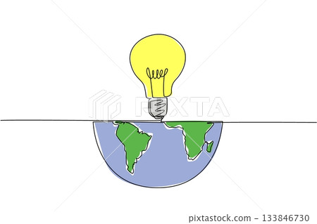 Single continuous line drawing half globe and light bulb on top. Half of the energy needs are lighting. Benefit for others. Bright. International Day of Light. One line design vector illustration Single continuous line drawing half globe and light bulb on top. Half of the energy needs are lighting. Benefit for others. Bright. International Day of Light. One line design vector illustration 133846730
