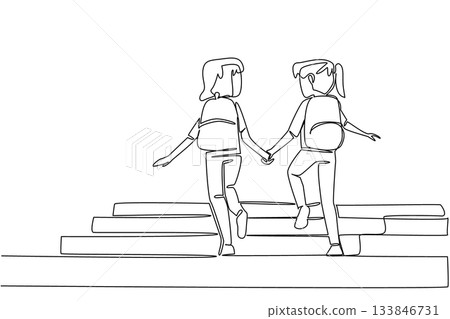 Continuous one line drawing 2 girls carrying backpacks holding hands walking up the stairs. True friendship of two students. Walk Safely To School Day. Single line draw design vector illustration Continuous one line drawing 2 girls carrying backpacks holding hands walking up the stairs. True friendship of two students. Walk Safely To School Day. Single line draw design vector illustration 133846731