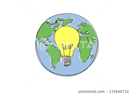 Single continuous line drawing light bulb in the center of the globe. The energy used does not have a negative effect on the earth. International Day of Light. One line design vector illustration 133846732