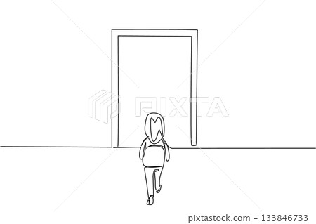 Single one line drawing girl carrying backpack walking towards the door. The excitement of the first day of school. New bag. Walk Safely To School Day. Continuous line design graphic illustration Single one line drawing girl carrying backpack walking towards the door. The excitement of the first day of school. New bag. Walk Safely To School Day. Continuous line design graphic illustration 133846733