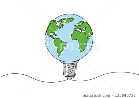 Continuous one line drawing a globe made like a light bulb. Very environmentally friendly energy. A kindness for the earth. International Day of Light. Single line draw design vector illustration 133846735