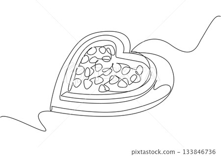 Continuous one line drawing heart shaped pizza on a heart shaped tray. Eating a pizza with full of romance. Failed diet. Exciting. National Pizza Party Day. Single line draw design vector illustration 133846736