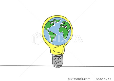 Single one line drawing a light bulb with globe in the middle. Campaign to save earth by using energy as needed. Continuously. International Day of Light. Continuous line design graphic illustration 133846737