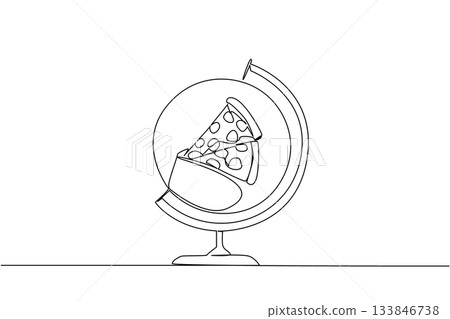 Single continuous line drawing globe whose center is replaced by a plate containing a slice of pizza. A very filling pizza party. Tasty. National Pizza Party Day. One line design vector illustration 133846738