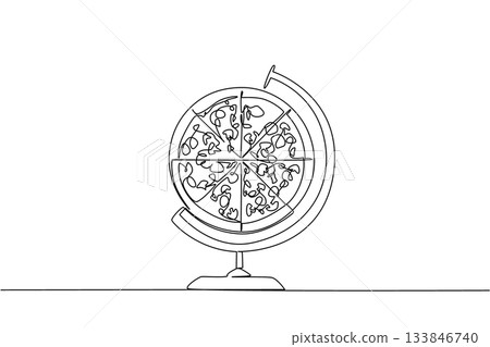 Single one line drawing globe whose center has been replaced with a pizza. Order pizza on special days. Gathering full of joy. National Pizza Party Day. Continuous line design graphic illustration 133846740