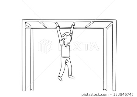 Single one line drawing boy playing hanging body on amusement ride. Play while training dexterity. Practice. Strengthen hands. International Day of Boys. Continuous line design graphic illustration Single one line drawing boy playing hanging body on amusement ride. Play while training dexterity. Practice. Strengthen hands. International Day of Boys. Continuous line design graphic illustration 133846745