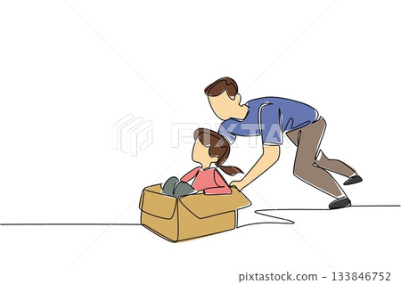 Single continuous line drawing girl is in a cardboard box and pushed by her father. Father is first love of his daughter. Affection. International Day of Boys. One line design vector illustration Single continuous line drawing girl is in a cardboard box and pushed by her father. Father is first love of his daughter. Affection. International Day of Boys. One line design vector illustration 133846752