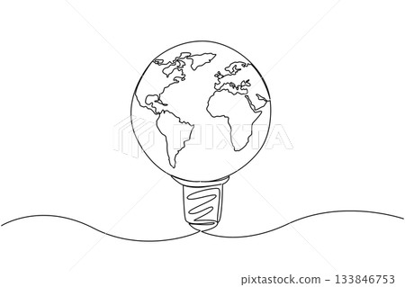 Continuous one line drawing a globe made like a light bulb. Very environmentally friendly energy. A kindness for the earth. International Day of Light. Single line draw design vector illustration Continuous one line drawing a globe made like a light bulb. Very environmentally friendly energy. A kindness for the earth. International Day of Light. Single line draw design vector illustration 133846753