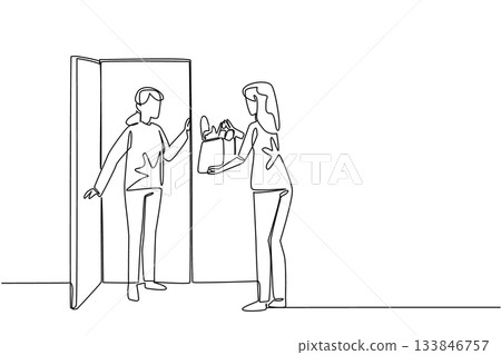Single continuous line drawing grandmother holds doorknob and woman carrying a grocery bag. Caring for others. National Do Something Good for Your Neighbor Day. One line design vector illustration 133846757