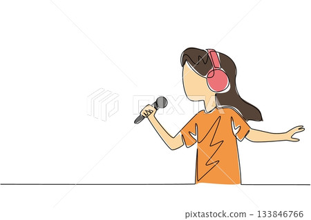 Single one line drawing a girl wearing headphones and posing singing and holding a mic. Keeping the dream alive. Singer. Hobby. International Day of Boys. Continuous line design graphic illustration Single one line drawing a girl wearing headphones and posing singing and holding a mic. Keeping the dream alive. Singer. Hobby. International Day of Boys. Continuous line design graphic illustration 133846766
