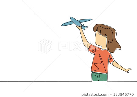 Single one line drawing a girl runs while holding toy airplane that is lifted up. Toy airplanes that must be assembled. Creative. International Day of Boys. Continuous line design graphic illustration 133846770
