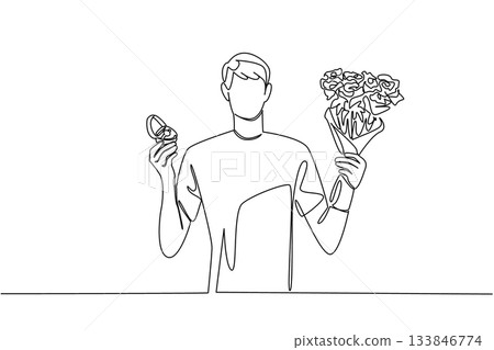Single continuous line drawing a man holding a bouquet of flowers and the other hand holding a ring. Surprise night. Beloved. Happy. Bring Flowers To Someone Day. One line design vector illustration Single continuous line drawing a man holding a bouquet of flowers and the other hand holding a ring. Surprise night. Beloved. Happy. Bring Flowers To Someone Day. One line design vector illustration 133846774