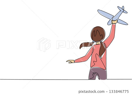 Single one line drawing rear view, a girl running while holding toy airplane raised up. Trying to fly with joy. Fun. Outdoor. International Day of Boys. Continuous line design graphic illustration 133846775