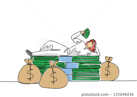 Single continuous line drawing Arab man lying on a pile of banknotes and fanning himself with the banknotes. Financial freedom. Big profit. Be a Millionaire Day. One line design vector illustration Single continuous line drawing Arab man lying on a pile of banknotes and fanning himself with the banknotes. Financial freedom. Big profit. Be a Millionaire Day. One line design vector illustration 133846836