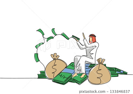 Single continuous line drawing an Arabian man sits on a pile of banknotes and throws banknotes. Smart work pays off. Maximum profit. Wealthy. Be a Millionaire Day. One line design vector illustration Single continuous line drawing an Arabian man sits on a pile of banknotes and throws banknotes. Smart work pays off. Maximum profit. Wealthy. Be a Millionaire Day. One line design vector illustration 133846837