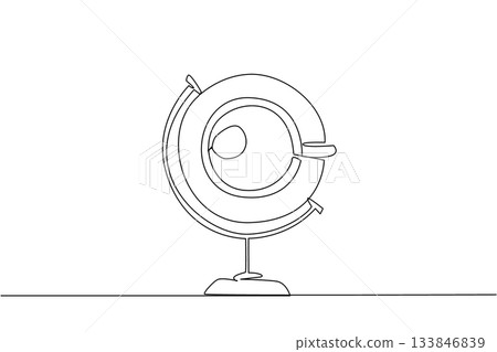 Single one line drawing tea cup with saucer top view in globe frame. The rapid spread of tea leaves to all corners of the world. International Tea Day. Continuous line design graphic illustration Single one line drawing tea cup with saucer top view in globe frame. The rapid spread of tea leaves to all corners of the world. International Tea Day. Continuous line design graphic illustration 133846839