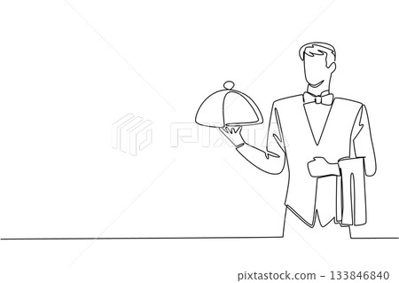 Single continuous line drawing male waitstaff with bow tie carrying metal tray and hanging napkin on hand. Deliver signature food to table. National Waitstaff Day. One line design vector illustration Single continuous line drawing male waitstaff with bow tie carrying metal tray and hanging napkin on hand. Deliver signature food to table. National Waitstaff Day. One line design vector illustration 133846840