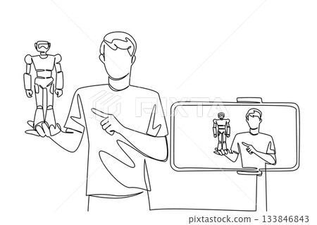 Single one line drawing a man holding robots and doing live streaming using a smartphone. Side job. Reviewing fancy robots. Live. National Streaming Day. Continuous line design graphic illustration 133846843
