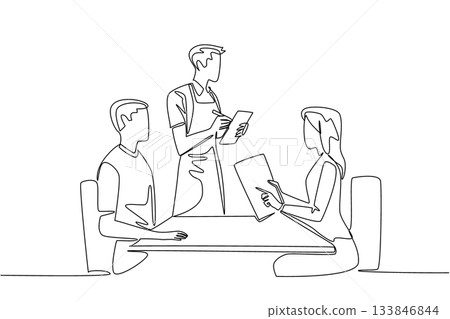 Single one line drawing male waitstaff with apron writing down orders for male and female customers. Write menu orders carefully. National Waitstaff Day. Continuous line design graphic illustration 133846844
