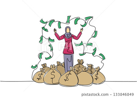 Continuous one line drawing Arab woman standing on a pile of money bags while throwing banknotes. An investment that never loses. Be a Millionaire Day. Single line draw design vector illustration 133846849