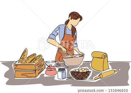 Continuous one line drawing a woman is kneading dough. Processing food with mind and heart. Cooking hobby that brings in money. Business. World Baking Day. Single line draw design vector illustration 133846850