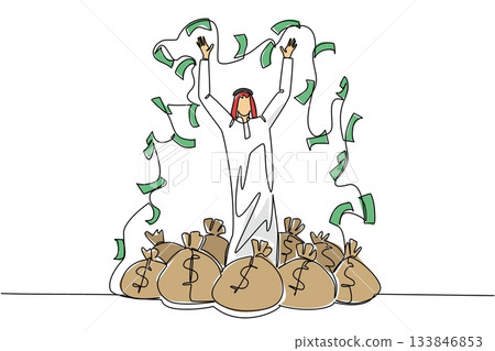 Continuous one line drawing Arab man standing on a pile of money bags while throwing banknotes. Smart investment. Become richer. Be a Millionaire Day. Single line draw design vector illustration Continuous one line drawing Arab man standing on a pile of money bags while throwing banknotes. Smart investment. Become richer. Be a Millionaire Day. Single line draw design vector illustration 133846853